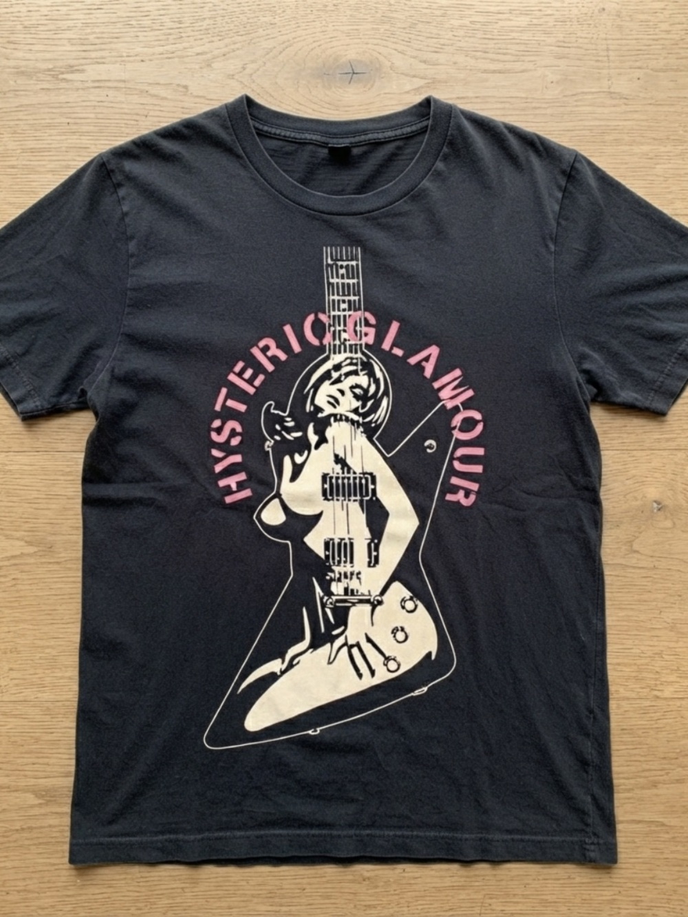 Gildan Black Tee with Cream Guitar Graphic and Pink Logo
